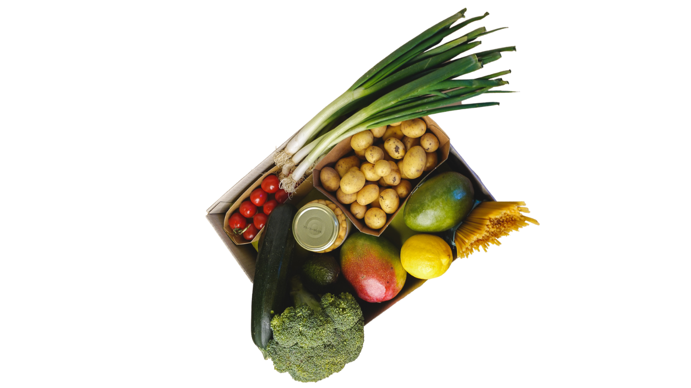 kochbox vegan, von oben fotografiert. Zu sehen sind Frühlingszwiebeln, Brokkoli, Kartoffeln, Mango, Zitrone, Spaghetti und Tomaten.